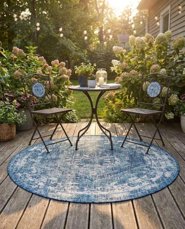 Area Rug Round Navy Medallion Design Traditional Scrolling Accents