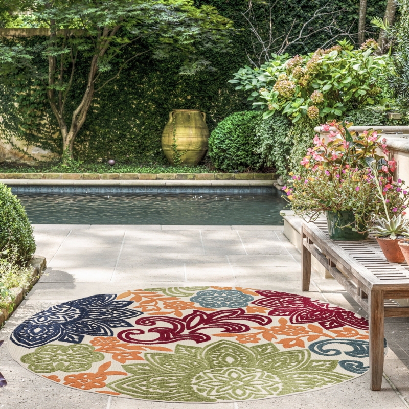 Area Rug Round Navy Orange Oversized Floral Outdoor Patio