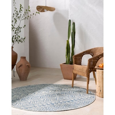 Area Rug Round Navy White Starburst Geometric Patio