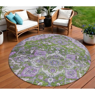 Area Rug Round Oriental Medallion Olive Green Purple Palette