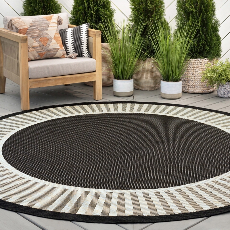 Area Rug Round Shape Black Striped Border Flatweave