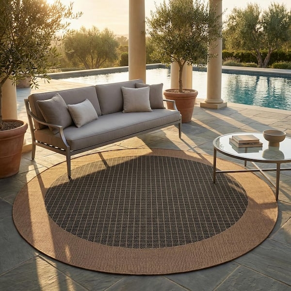 Area Rug Round Shape Cocoa Brown Black Checkered Border Patio Decor