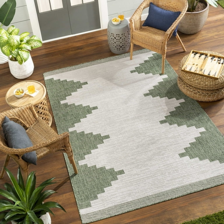 Area Rug Round Shape Olive Gray Global Pattern Patio Mat