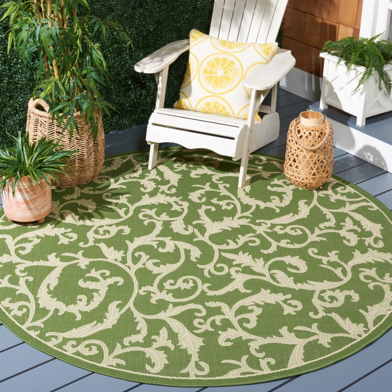 Area Rug Round Shape Olive Ivory Botanical Pattern Patio Mat