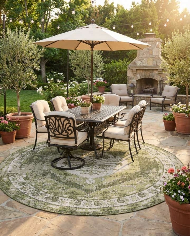 Area Rug Round Shape Sage Green Color Traditional Oriental Pattern