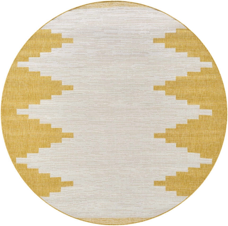 Area Rug Round Shape Yellow Lattice Pattern Flatweave Bohemian