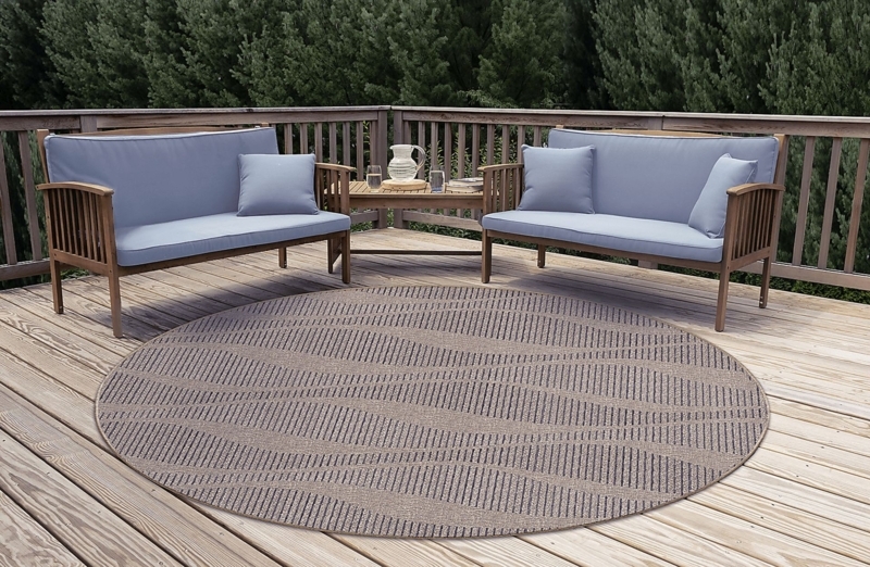 Area Rug Round Taupe Neutral Weave Border Trim Coastal Patio Dining