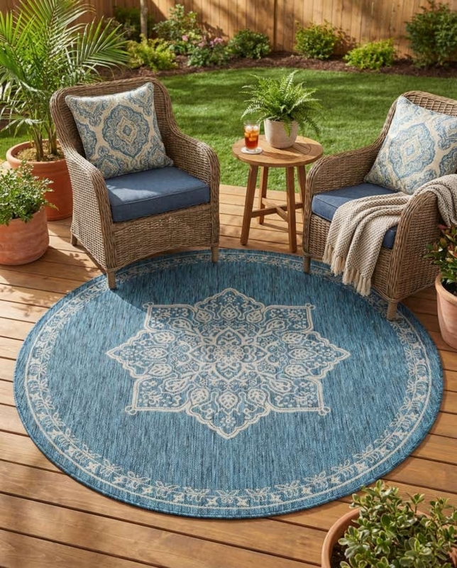 Area Rug Round Teal Floral Medallion Transitional Balcony Decor