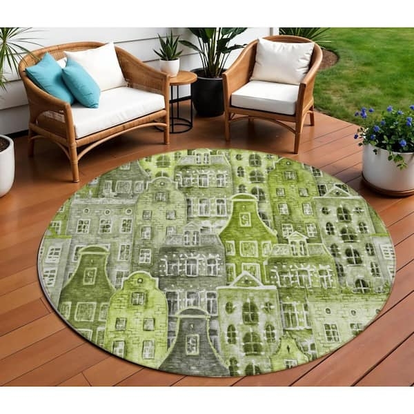 Area Rug Round Woven Geometric Fretwork Vibrant Lime Green Area Rug