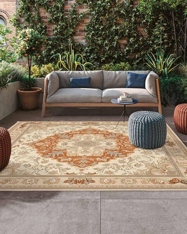 Area Rug Rust and Blue Floral Medallion Distressed Vintage Look