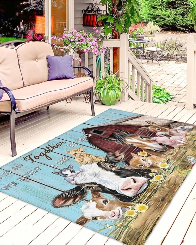 Area Rug, Rustic Blue Wood Grain Print with Animal Illustrations
