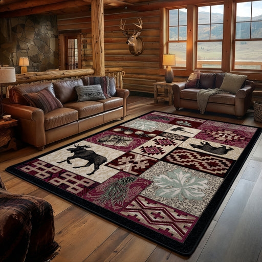 Area Rug Rustic Cabin Wildlife Motifs Geometric Border