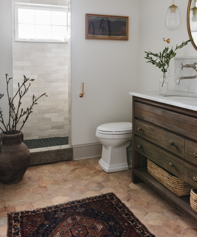 Area Rug: Rustic Farmhouse Style, Terracotta Hex Tiles, Bridge Faucet