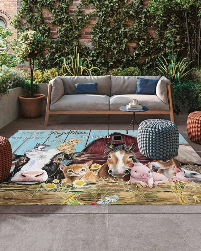 Area Rug, Rustic Farmhouse Style with Wood Grain Print & Star Emblem