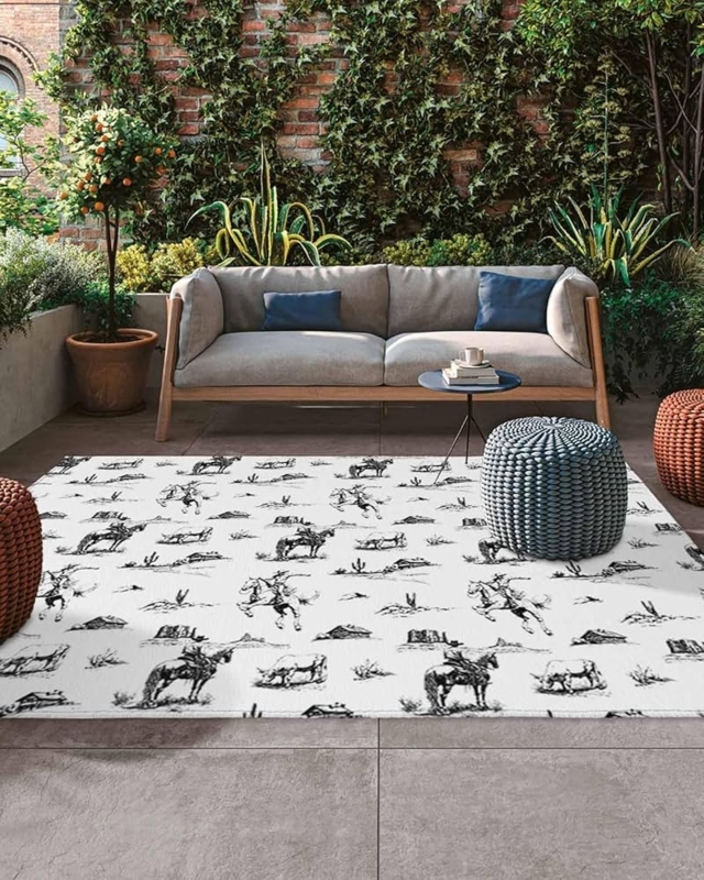 Area Rug, Rustic Western Style with Cowboy Theme Border & Horse Motif