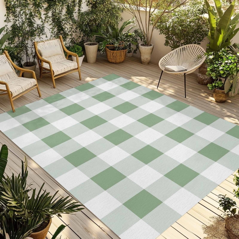 Area Rug Sage Green Checkered Flat Weave Buffalo Plaid Patio Decor