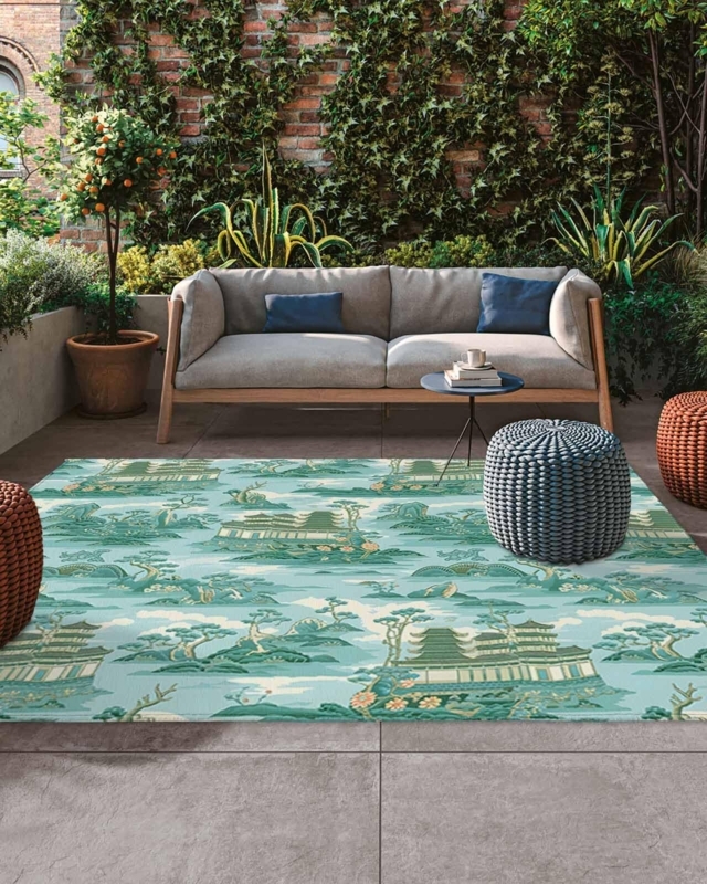 Area Rug Sage Green Chinoiserie Scenic Print Botanical Garden Mat