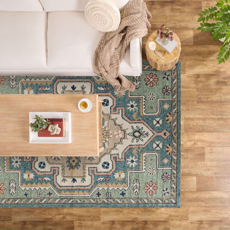 Area Rug Sage Green Medallion Hand Hooked Outdoor