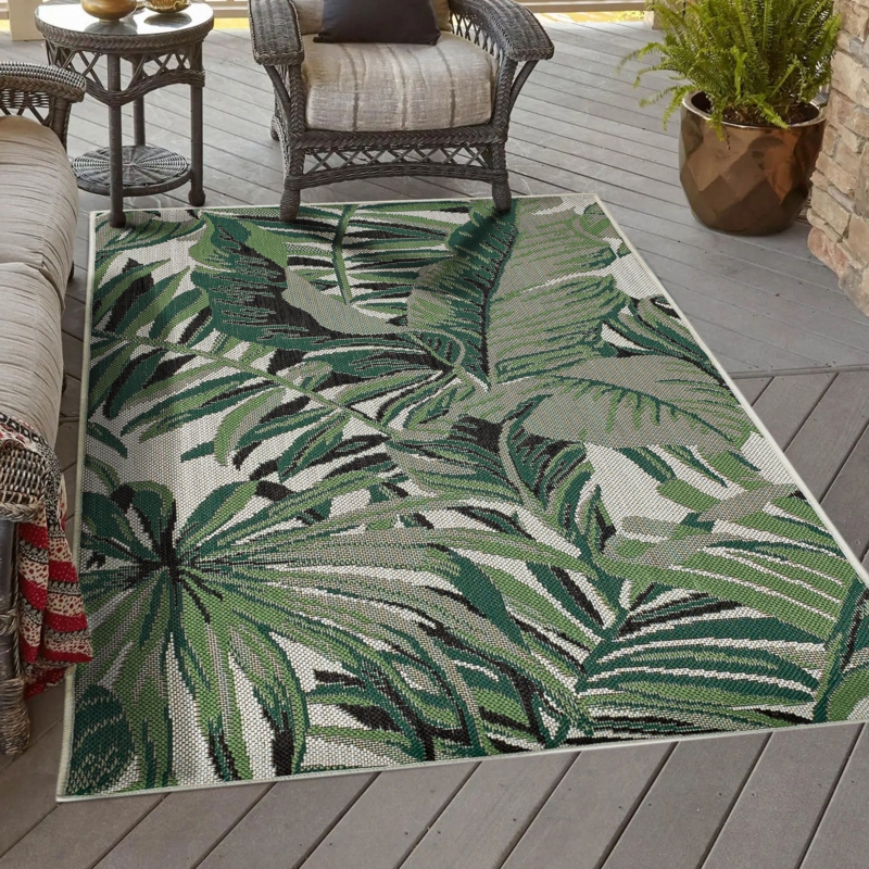 Area Rug: Sage Green Palm Leaf Motif Tropical Flatweave
