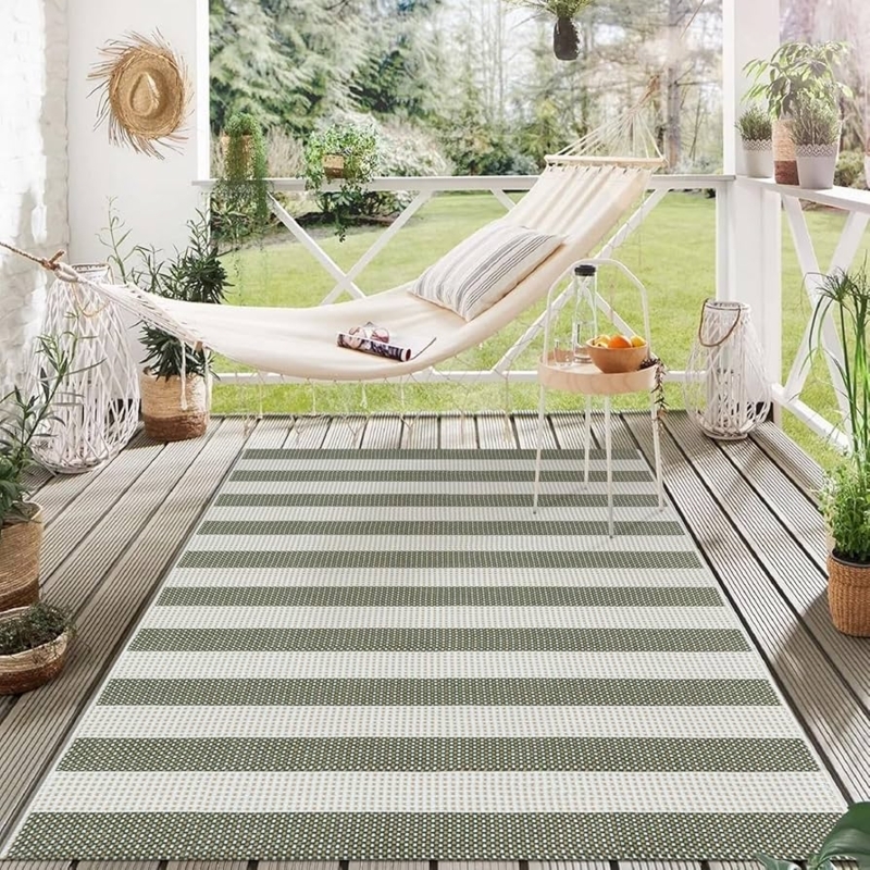 Area Rug Sage Green Striped Farmhouse Knotted Fringe