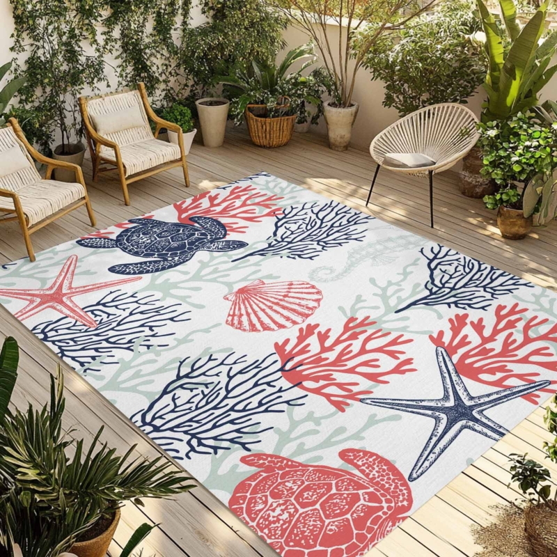 Area Rug Sea Turtle Coral Motif Navy Red Coastal Nautical Deck