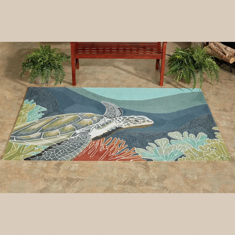 Area Rug Sea Turtle Design Hand Hooked Coastal Blue