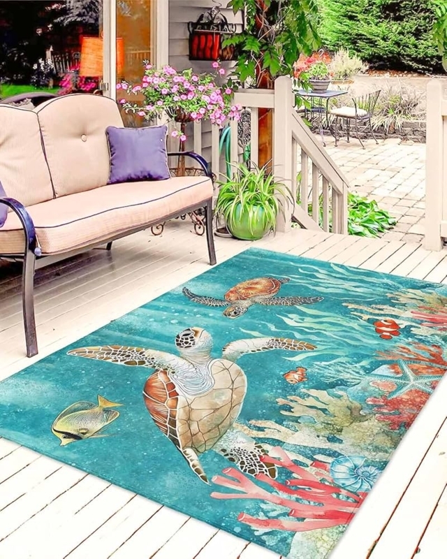 Area Rug Sea Turtle Graphic Teal Washable Patio Rug With Turtle