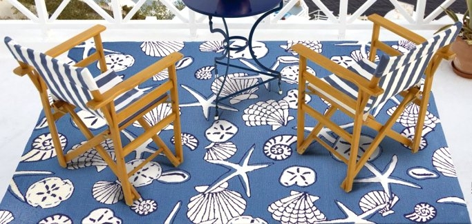 Area Rug Seashell Pattern Hand Hooked Coastal Blue