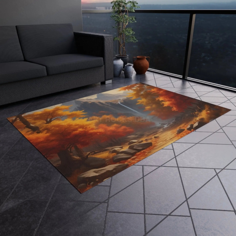 Area Rug, Seasonal Autumn Landscape Print, Rustic Lodge Decor, Low Pile