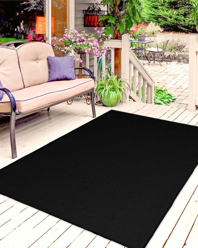 Area Rug Solid Black Low Pile Outdoor Durability Modern