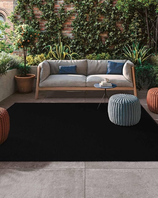 Area Rug Solid Black Outdoor Durability Flat Woven Washable