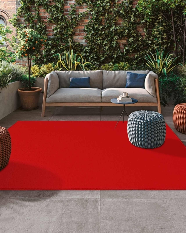 Area Rug Solid Red Color Low Pile Weave Vibrant Red Patio Rug Design