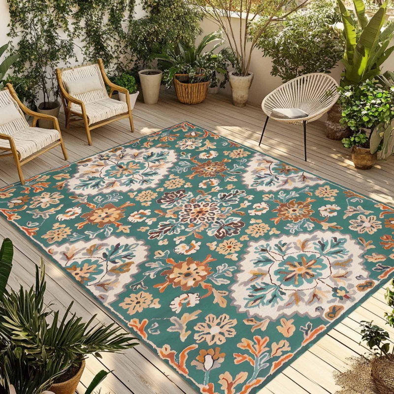 Area Rug Southwest Floral Motif Sage Green Terracotta Boho Deck Decor