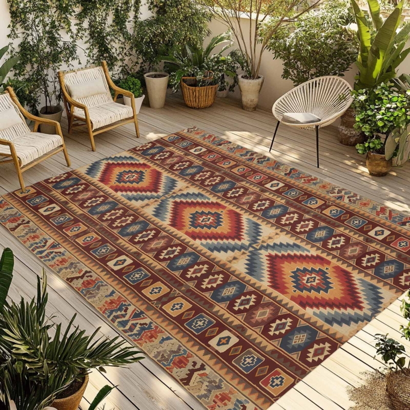 Area Rug Southwestern Bohemian Aztec Tribal Flatweave Outdoor Rust Black
