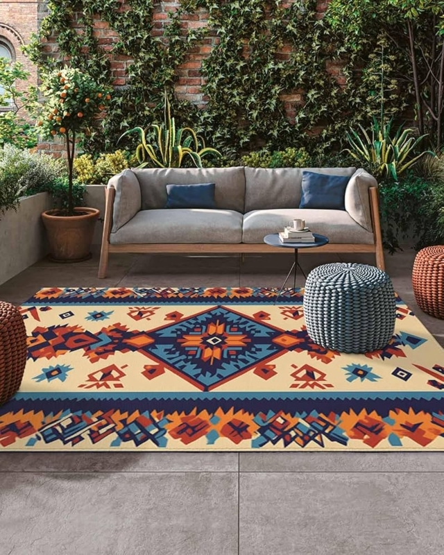 Area Rug Southwestern Tribal Totem Motif Red and Teal Flat Weave