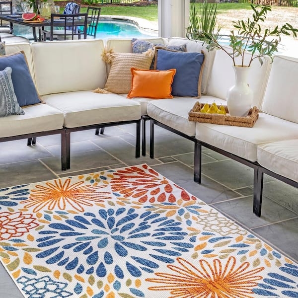 Area Rug Square Blue Cream Lattice Flatweave Patio