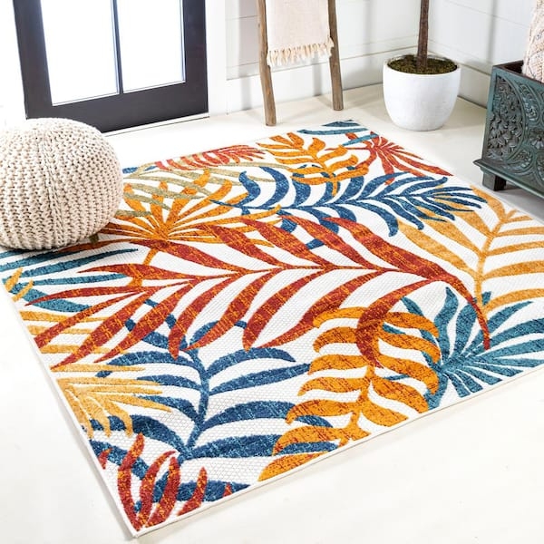 Area Rug Square Orange Cream Geometric Link Low Pile