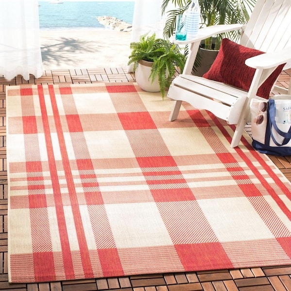 Area Rug Square Red Plaid Contemporary Flatweave Indoor Outdoor