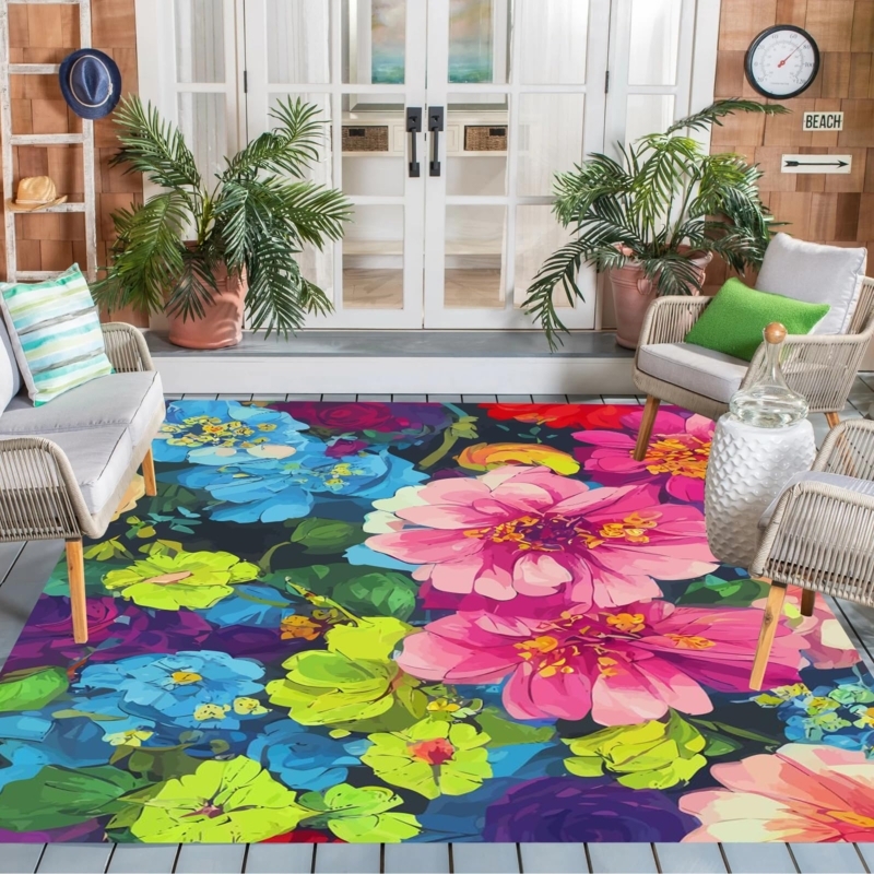 Area Rug Stylized Floral Teal Geometric Pattern Low Pile Patio Lounge