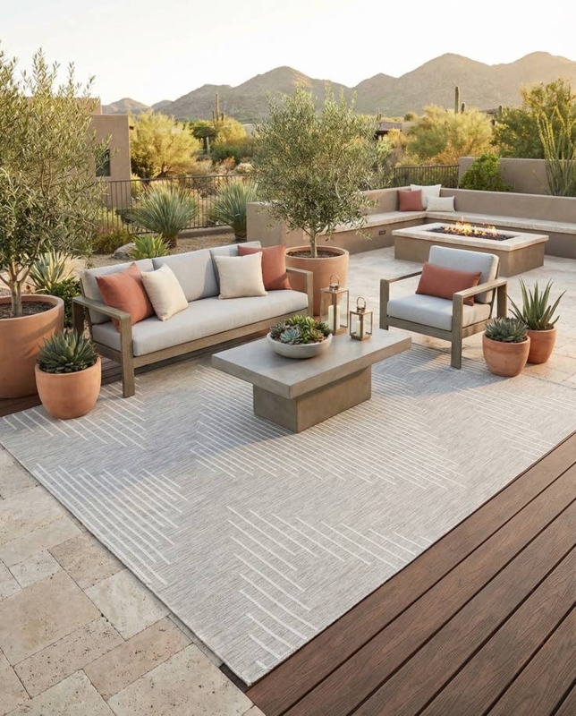 Area Rug: Subtle Striations, Gray Low Pile Weather Resistant Deck Decor