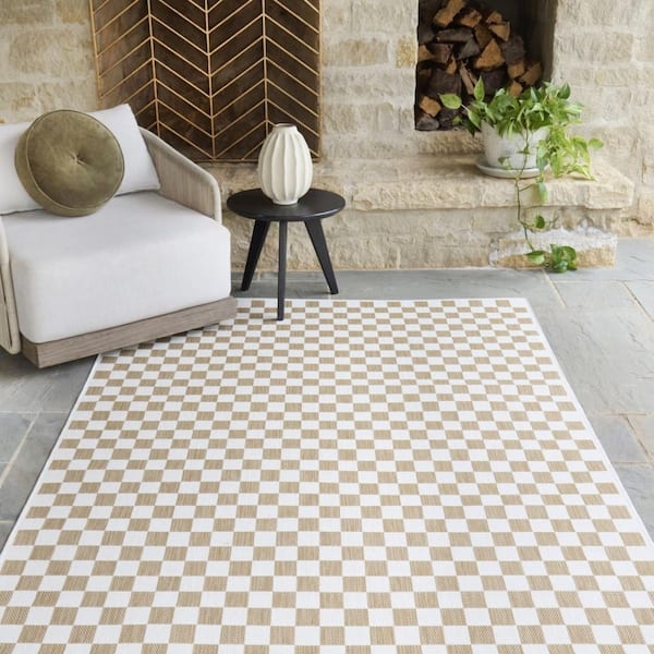 Area Rug Tan And White Colorway Flatwoven Checkerboard Patio Decor