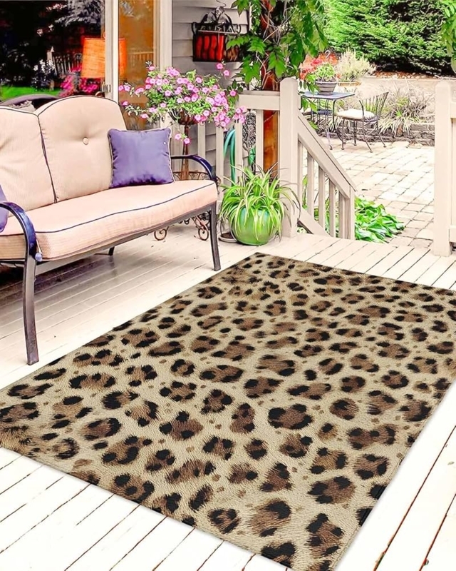 Area Rug Tan Brown Leopard Pattern Outdoor Safe Glam Deck