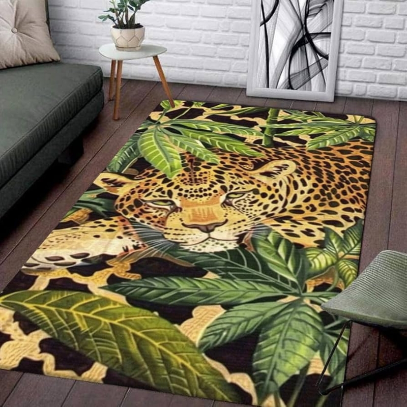 Area Rug Tan Brown Leopard Print with Low Pile Construction