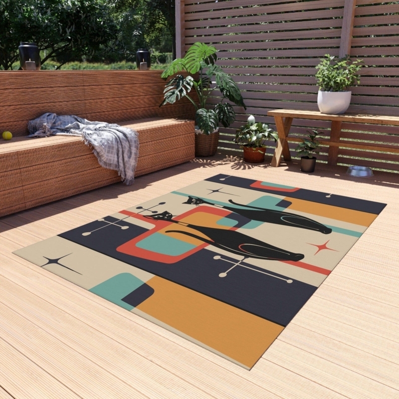 Area Rug Teal Atomic Cat Starburst Mid-Century Modern