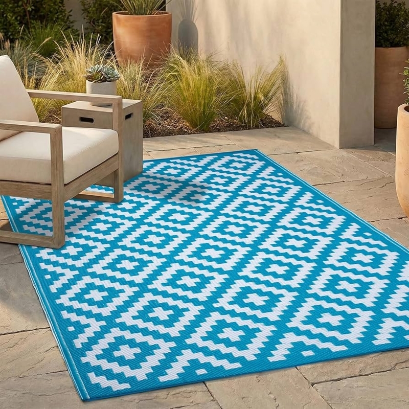 Area Rug Teal Aztec Geometric Reversible Woven Bohemian