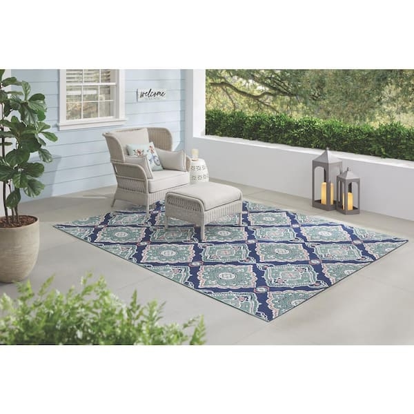 Area Rug Teal Medallion Design Ornate Border Traditional Patio
