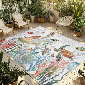 Area Rug Teal Sea Turtle & Coral Imagery Low Profile Patio Rug