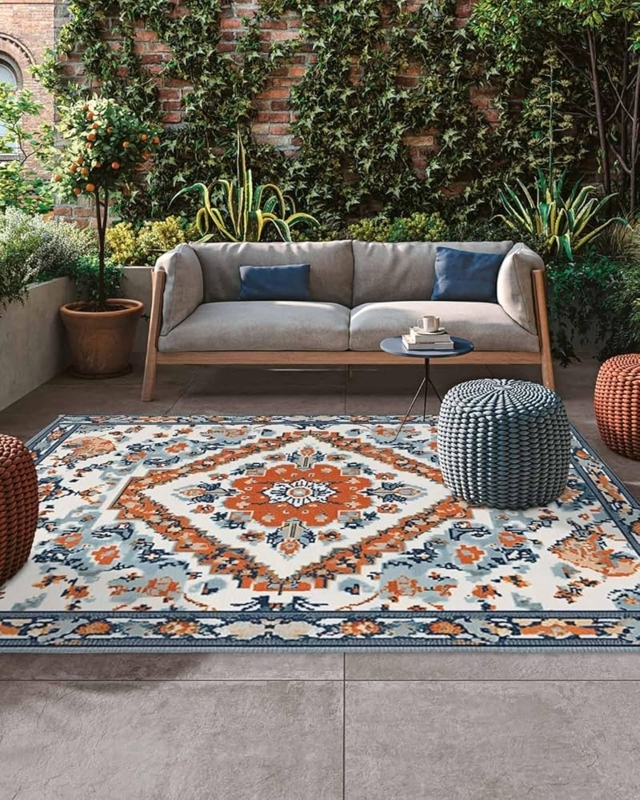 Area Rug Terracotta Bohemian Print Geometric Flat Woven Patio Seating