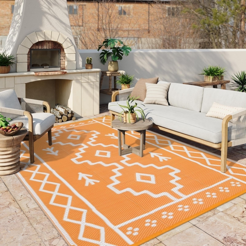 Area Rug: Terracotta Geometric Pattern, Reversible, Boho Patio Decor