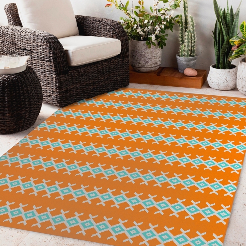Area Rug Terracotta Medallion Low Pile Flat Weave Traditional Boho Patio